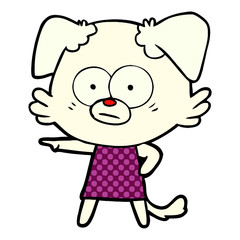 nervous cartoon dog in dress pointing
