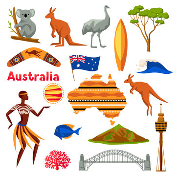 Australia icons set. Australian traditional symbols and objects