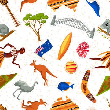 Australia seamless pattern. Australian traditional symbols and objects