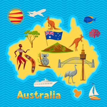 Australia map design. Australian traditional symbols and objects