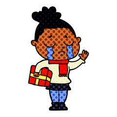 cartoon crying woman with christmas gift