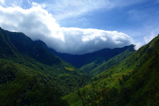 Bach Moc Luong Tu mountain, located in Bat Xat, Lao Cai, Vietnam. Sea of cloud. Traveling theme.