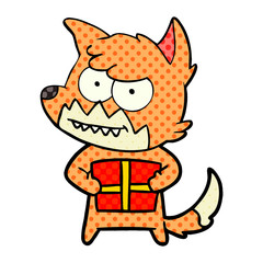 cartoon grinning fox with present