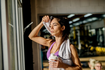 Tired attractive shape fitness girl wiping sweat with a towel in the gym near the window. - obrazy, fototapety, plakaty