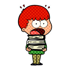 cartoon shocked boy with stack of books