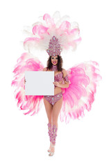 caucasian woman in carnival costume holding blank banner, isolated on white