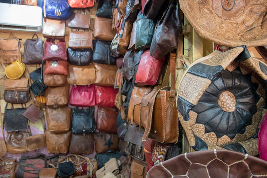 street life morocco marrakech medina leather products in the streets, jackets, bags, slippers