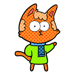 happy cartoon cat in winter clothes