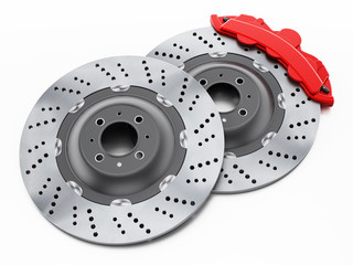 Car brake discs and red calipers isolated on white background. 3D illustration - obrazy, fototapety, plakaty