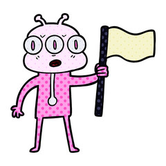cartoon three eyed alien waving flag