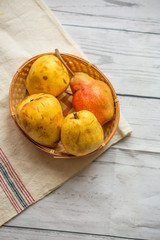 Fruit background. Fresh organic pears on old wood. Pear autumn harvest