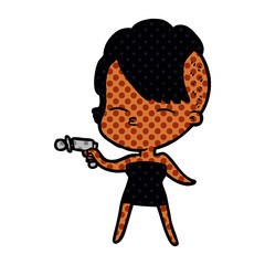 Obraz premium cartoon squinting girl pointing ray gun