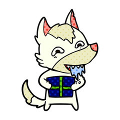cartoon hungry wolf holding christmas present