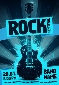 Vektor Illustration blaue Rock Festival Party Flyer Vorlage mit Gitarre, Origami Banner und cool Splash Effekten im Hintergrund
