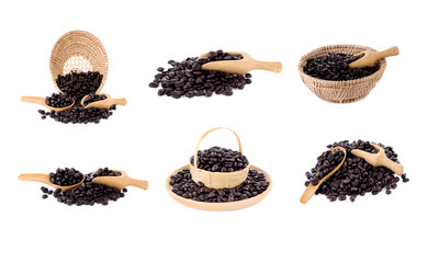 Fresh coffee beans in wooden scoop and wooden spoon isolated on white background