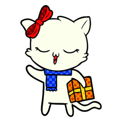 cartoon girl cat with christmas present