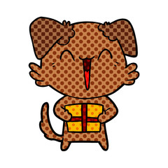 happy little cartoon dog with present