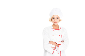 portrait of smiling female chef with arms crossed looking at camera isolated on white