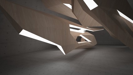 Abstract  concrete and wood interior multilevel public space with neon lighting. 3D illustration and rendering.