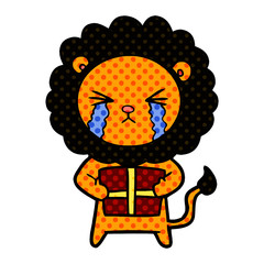 cartoon crying lion with gift