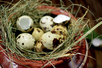 Quail eggs in hay in a clay pot on a wooden background. Rustic style