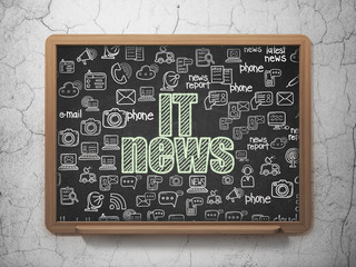 News concept: Chalk Green text IT News on School board background with  Hand Drawn News Icons, 3D Rendering