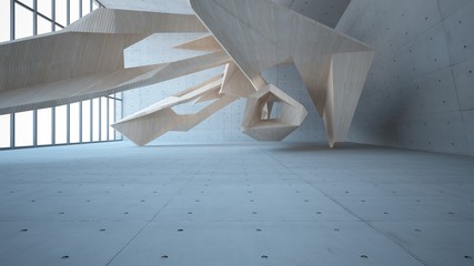 Abstract  concrete and wood interior multilevel public space with window. 3D illustration and rendering.