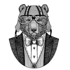 Brown bear. Russian bear. Animal wearing jacket with bow-tie and biker helmet or aviatior helmet. Elegant biker, motorcycle rider. Hand drawn image for tattoo, t-shirt, emblem, badge, logo, patch