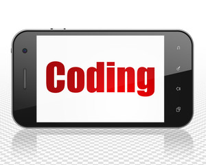 Software concept: Smartphone with red text Coding on display, 3D rendering