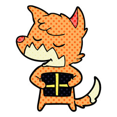 friendly cartoon fox with christmas present