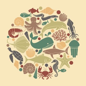 Marine life icons in the form of a circle
