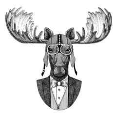 Moose, elk Animal wearing jacket with bow-tie and biker helmet or aviatior helmet. Elegant biker, motorcycle rider, aviator. Image for tattoo, t-shirt, emblem, badge, logo, patch