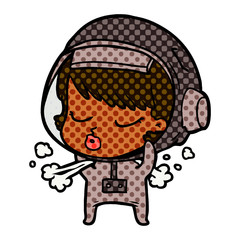 cartoon pretty astronaut girl taking off space helmet