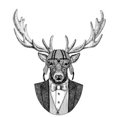 Deer Animal wearing jacket with bow-tie and biker helmet or aviatior helmet. Elegant biker, motorcycle rider, aviator. Image for tattoo, t-shirt, emblem, badge, logo, patch