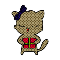 cartoon girl cat with christmas present