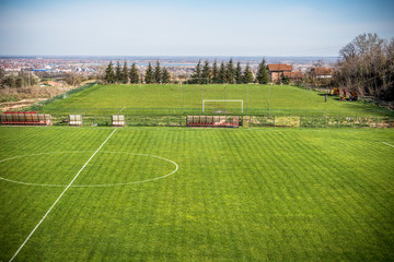 Belgrade, Serbia Marth 31, 2015: View of the football field, the river Danube, Karaburma and Dorcol settlement