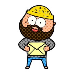 cartoon surprised bearded man holding letter
