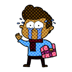 cartoon crying man with present