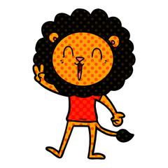 laughing lion giving peace sign