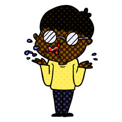 cartoon boy wearing spectacles shrugging shoulders