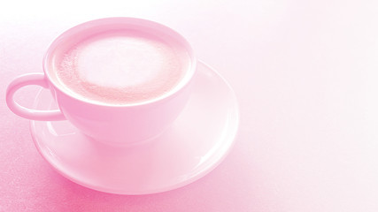 Fototapeta na wymiar Cup of Cafe Latte or Capuccino in pink color tone with morning light effect. For Valentine's Day festival