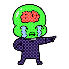 cartoon big brain alien crying and pointing