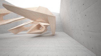 Abstract  concrete and wood interior multilevel public space with window. 3D illustration and rendering.