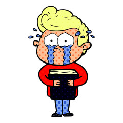 cartoon crying man holding book