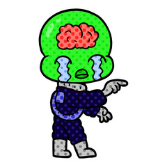 cartoon big brain alien crying and pointing