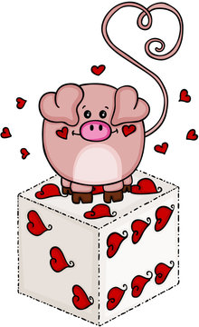 Dice with hearts and cute pig