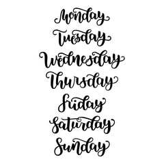 Hand Lettering Days of Week Sunday, Monday, Tuesday, Wednesday, Thursday, Friday, Saturday . Modern Calligraphy Isolated on White Background. Vector illustration. Brush ink handlettering for schedule.