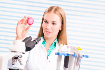 A nurse in the hospital's laboratory analyzes petri dishes