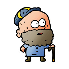 old cartoon man with walking stick and flat cap