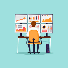 Analytics, analysis, risks, statistics, businessman is sitting at the computer in front of monitors. Flat design vector illustration.
